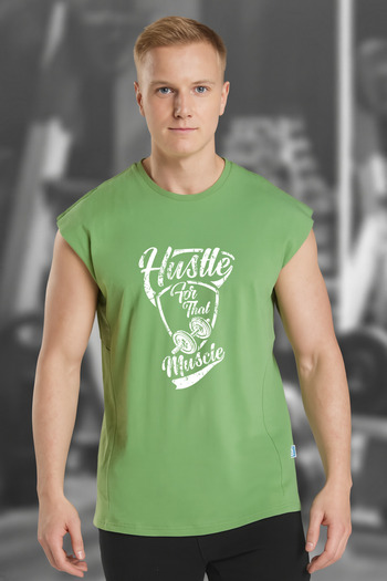 BESSA Green Sportsman Tank Top Crew Neck Cotton Hustle Printed Sleeveless Tank Top Fitness Men