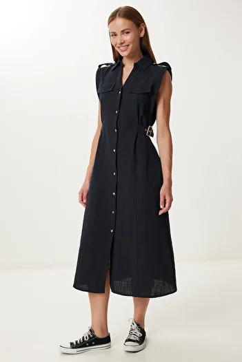 Lovelyİstanbul Rochie midi din in cu detaliu curea LDP0069 NEGRA