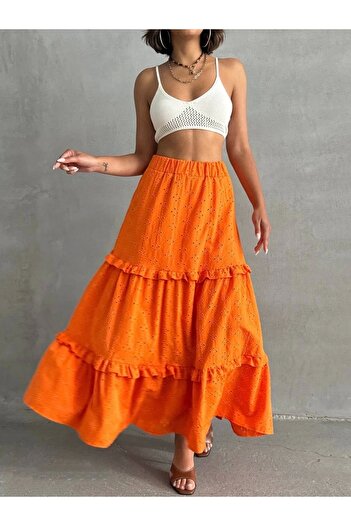 MODA Μακριά φούστα με βολάν με φόδρα με κέντημα πορτοκαλί s255047
