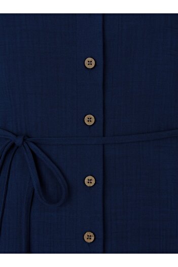 ALİA Plus Size Button Front Shirt Collar Dress with Tie Detail - Navy Blue -