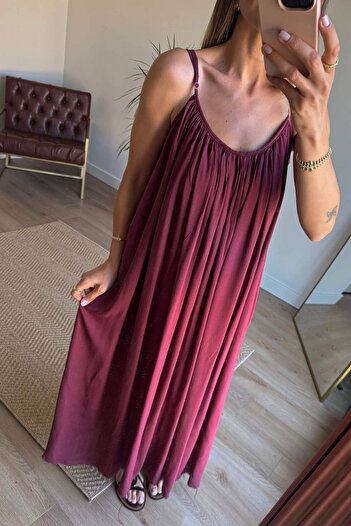 Sue Store Burgundy Thin Strap Lined Cotton Oversize Dress