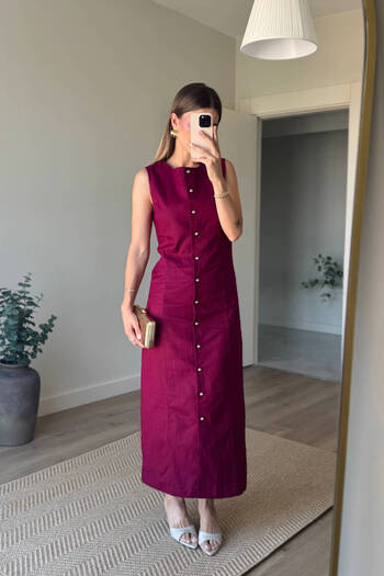 Sue Store Burgundy Gold Buttoned Lined Linen Pencil Dress