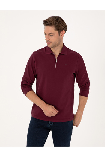 Pierre Cardin Bordo Slim Fit Kıvrılmaz Fermuarlı Polo Yaka Basic Pike Sweatshirt 50314046-VR014