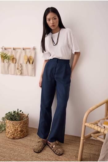 HEQA Pleated Basic Linen Trousers Midnight Blue