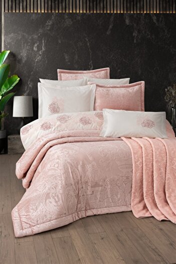 Sevim Tivoli 10 Piece Velvet Bedspread with Blanket and Dowry Set Spectra Powder