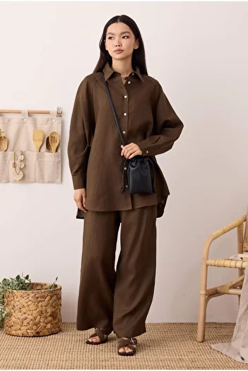 HEQA Pleated Basic Linen Trousers Hazelnut