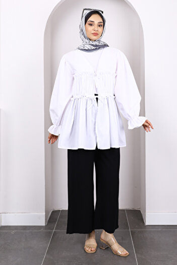 İmajButik White Front Tie Ruffle Kimono