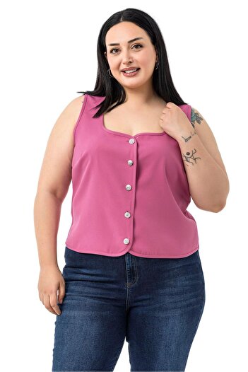 DISENTIS MODEST Plus Size Button Detailed Pink Blouse Vest