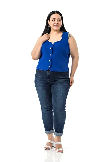 DISENTIS MODEST Plus Size Button Detailed Saks Blue Blouse Vest