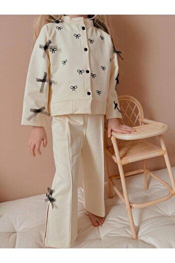 YİGİT BUTİK Bow Embroidered Girl's Cardigan Bottom Top Set