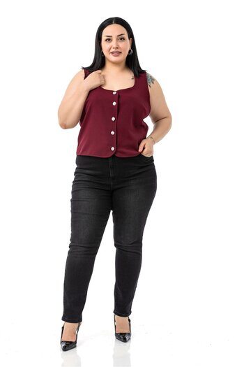 DISENTIS MODEST Plus Size Button Detailed Burgundy Blouse Vest