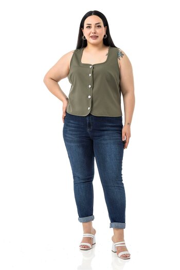 DISENTIS MODEST Plus Size Button Detailed Khaki Blouse Vest