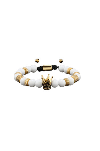 Pandora Arts Brățară Bărbătească cu Mărgele din Piatră Naturală & Charm Coroană, culoare Alb cu Gold