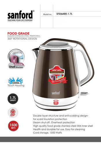 Sanford Sanford 1.7L Electric Kettle - Double Body, 1500W Motor, 360° Swivel Base