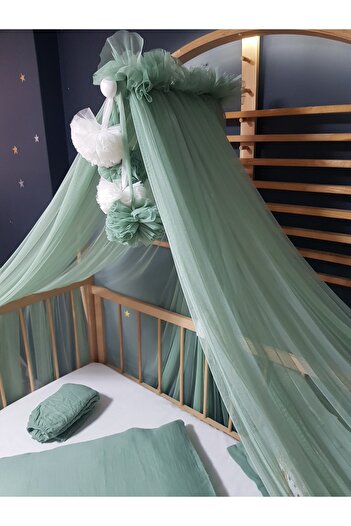bebek_iklimi Embroidered Muslin Sleeping Set - 80X120 cm Duvet Cover, Pompom Mosquito Net, Tulle and Apparatus