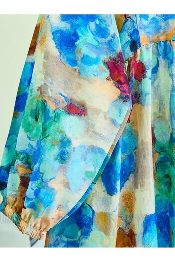 Modamorfo Mixed Pattern Half Button Sleeve Elastic Dress -Blue