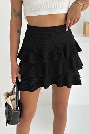 Hisleria Elastic Waist Three Layer Seersucker Fabric High Waist Mini Skirt Black