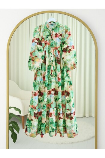 Modamorfo Mixed Pattern Half Button Sleeve Elastic Dress -Green