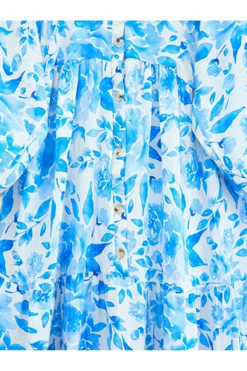 Modamorfo Small Leaf Pattern Half Button Sleeve Elastic Dress -Blue