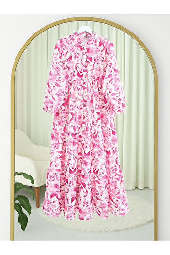 Modamorfo Small Leaf Pattern Half Button Sleeve Elastic Dress -Fuchsia