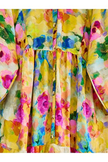 Modamorfo Mixed Pattern Half Button Sleeve Elastic Dress -Yellow