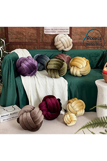 PixelsBeanBag Soft Knotted Ball Design Pixel Bean Bag Pillow, Handmade Velvet Round Decorative Pillow for Home Decor