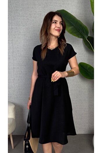 buğrahayalin Women's Short Sleeve V-Neck Imported Linen Dress with Belted Waist