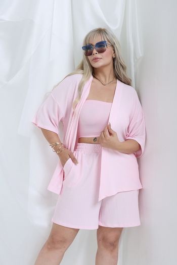 MJORA Plus Size Kimono & Shorts Knitted Set