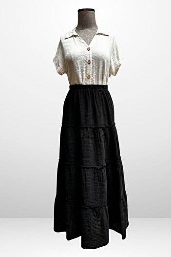 By Saygı Women's Elastic Waist Layered Muslin Long Skirt