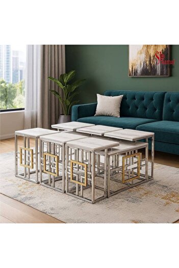Al Saada Home 1+6 Marble Service Tables - Gold Silver