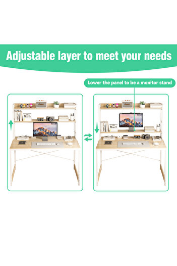 Sheinhome Study Desk with Adjustable Bookshelf Home Office Workstation with Storage