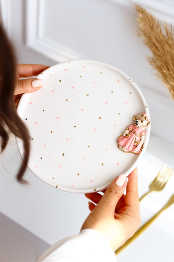 SİNEM YAMAN HOME Pink Dark Blue Bear 2-Piece Ceramic Plate Set / Ceramic 20 cm 2-Piece Plate Set