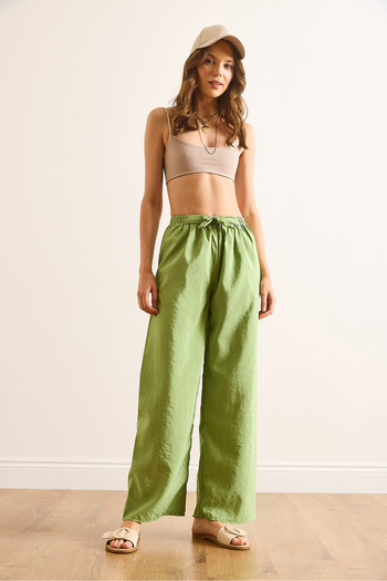 Olalook Women's Light Green Belted Elastic Waist Palazzo Ayrobin Trousers Pnt-19000200