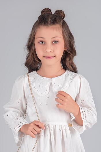 Minik Dolap Girl's Brode Dress with Fisto Collar and Bag - Ecru