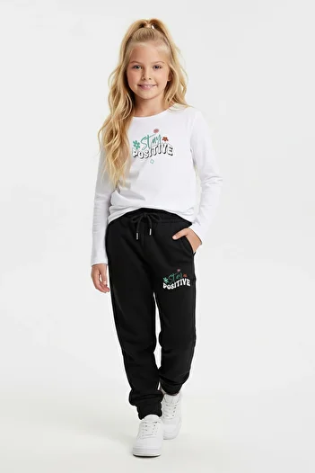 FYK KİDS Round Neck Stay Positive Printed Girl's Bottom-Up Set