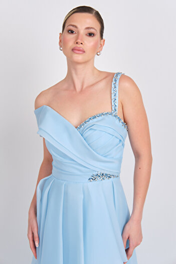 Saygın Women's One Shoulder Detailed Chiffon Fabric Maxi Evening Dress 5614 Blue