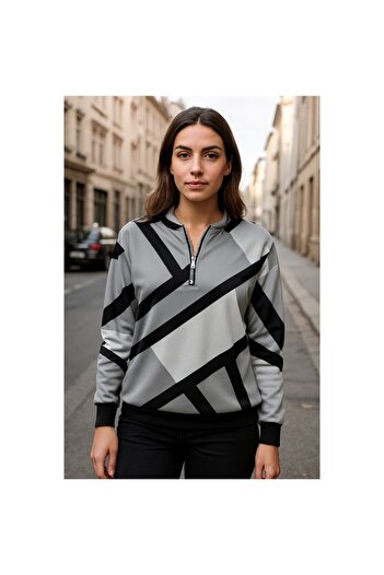 gl00my Melek Moda Round Neck Patterned Zippered Blouse