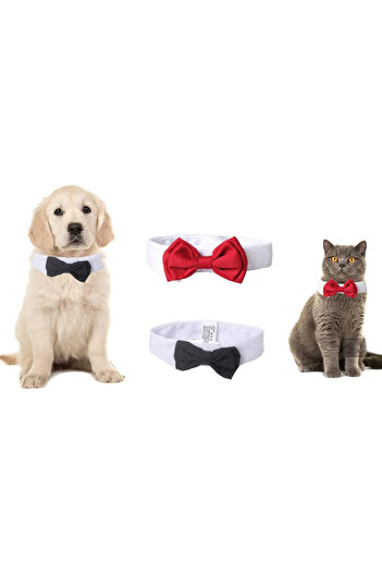 Butyeak Set of 2 dog/cat collars, white/black/red, cotton, 37 x 6 cm