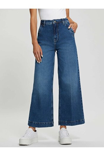 Guess Patterned Loose Fit Navy Blue Women's Denim Trousers Dakota High Wide Cro - Eco Recy Co