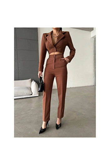 POLEXP Ceyda Silver Jacket Collar Waist Decolate Jumpsuit - Bitter Brown