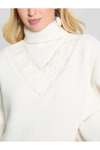 Guess Tam Balıkçı Yaka Desenli Beyaz Diz Üstü Kadın Elbise LS TURTLENECK KATIE - RECY POLY BLE