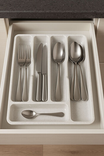 SİHİRLİ AYAKLAR 5 Compartment White Cutlery Fork Knife Holder Drawer Organizer