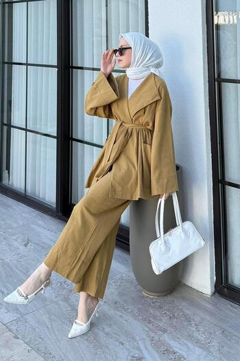 lamelif Kimono Hijab Suit Oil Green