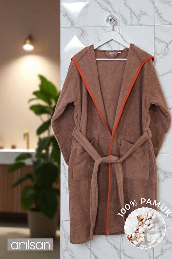 Anılsan 100% Cotton Brown Bathrobe - Hooded Hotel Bathrobe, Ideal for Spa, Suitable for Daily Use
