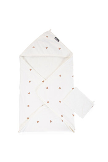 CHILDHOME Hooded towel and bath mitten Jersey/Terry 80x80 cm, Hearts