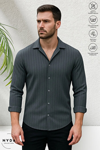Nyda Collections Men's Crepe Fabric Striped Lycra Seasonal Long Sleeve Shirt