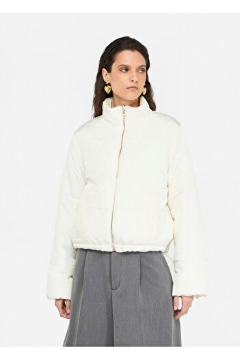 Liu Jo Women's Regular Fit Stand Collar Zip-Up Long Sleeve Double-Sided Beige Jacket Tf5015Ma93F-C3740