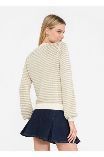 Liu Jo Women's Regular Fit Stripe Pattern Long Sleeve Knitted Beige Cardigan Uf5281Ma016-04120