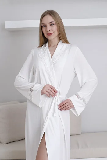 Lohussa Women's Ecru Shawl Collar Special Design Lace Detailed Cotton Flexible Dressing Gown