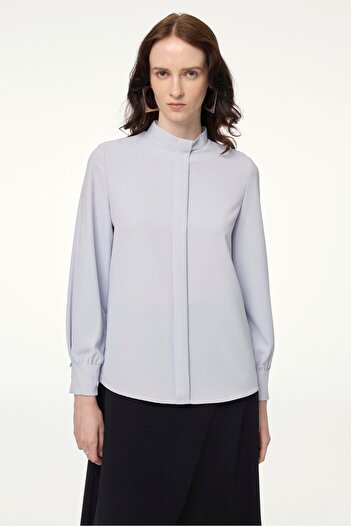 Zühre Stand Collar Stripe Detail Gray/Blue Blouse B-0139